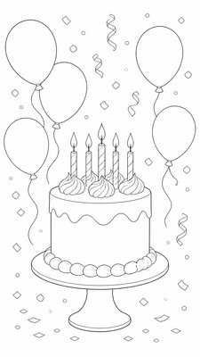 a birthday cake with lit candles surrounded by balloons and confetti, festive vertical composition, no text
