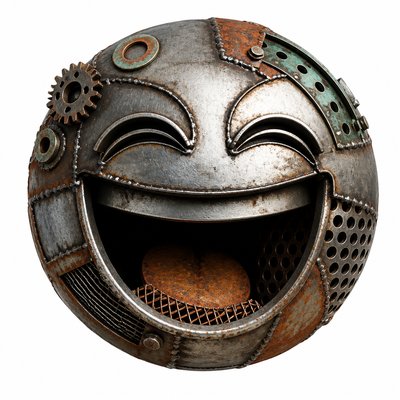 an exaggerated laughing face of an original round mascot character, bold and readable at small size, plain background, no text