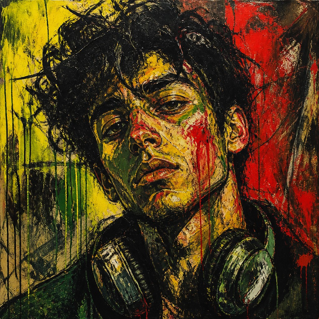 head-and-shoulders portrait of an original character: a young man with curly dark hair and headphones around his neck, plain backdrop, no text