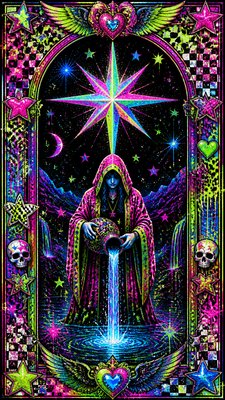 a robed figure pouring water beneath a large eight-pointed star in a night sky, symmetrical composition with an ornate decorative border, no text