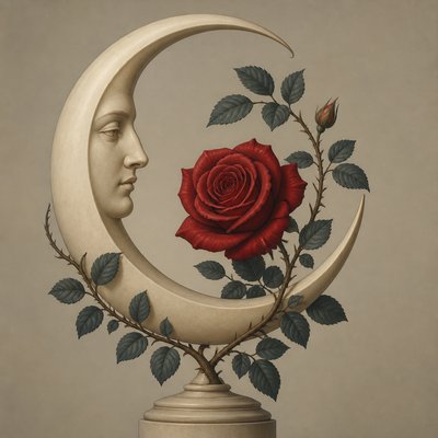 a rose entwined with a crescent moon, clean balanced composition on a plain background, no text