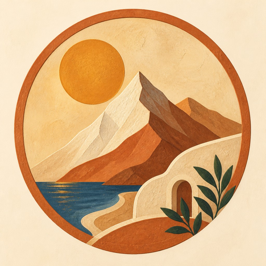 an emblem of a mountain peak inside a circle, simple bold shapes on a plain background, no text or lettering