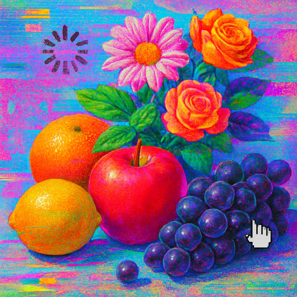 still life arrangement of fruits and flowers