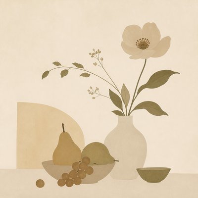 still life arrangement of fruits and flowers