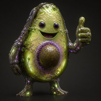 a happy avocado character giving a thumbs up, bold readable design on a plain background, no text