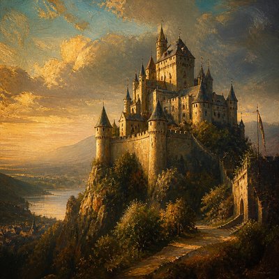 a grand castle with towers on a hilltop