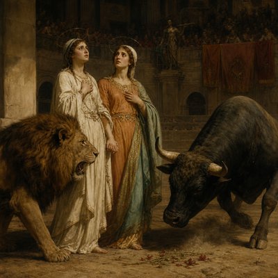 Perpetua and Felicity and early christian martyrs attacked by lion and bull in the coliseum