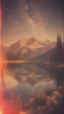a tranquil mountain lake beneath a starry night sky, no people, no text