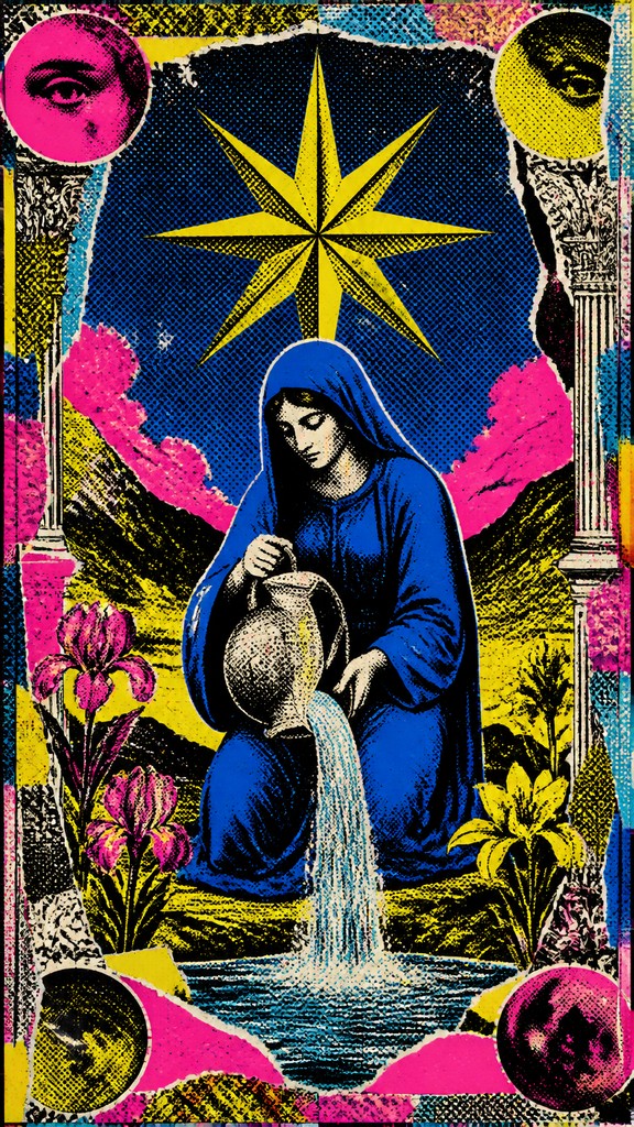 a robed figure pouring water beneath a large eight-pointed star in a night sky, symmetrical composition with an ornate decorative border, no text