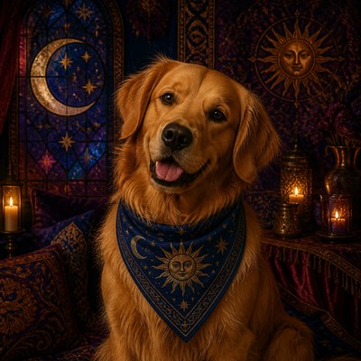 portrait of a golden retriever wearing a blue bandana, warm plain backdrop, no text