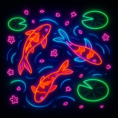 A koi pond seen from above, orange and white koi fish swimming among lily pads, clear water with subtle ripples, fallen cherry blossom petals floating on the surface, dappled sunlight