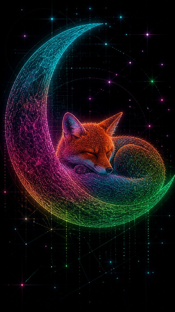 a sleeping baby fox curled on a crescent moon among soft stars, gentle and warm, no text