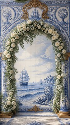 an arch of white roses and eucalyptus in soft morning light, elegant vertical composition with open space, no text