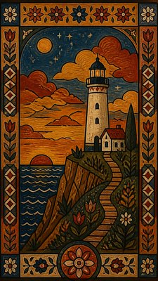 a lone lighthouse on a cliff at dusk under a dramatic sky, no text or lettering