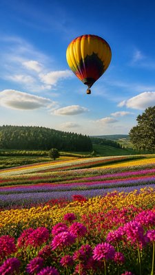 a hot air balloon drifting over rolling flower fields on a sunny day, cheerful, no text