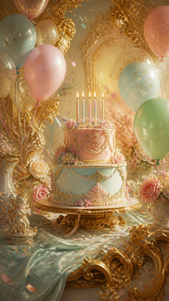 a birthday cake with lit candles surrounded by balloons and confetti, festive vertical composition, no text