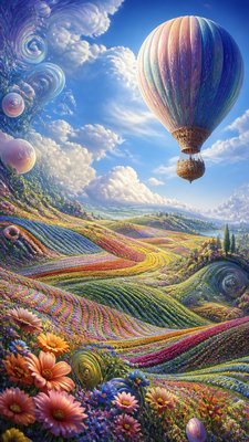 a hot air balloon drifting over rolling flower fields on a sunny day, cheerful, no text