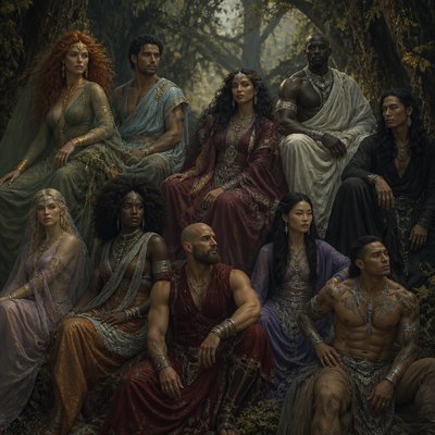Je veux que tu me fasses des divinités au pluriel, un peu genre ancien très majestueux, mais qu'il soit pas genre vieux genre vers les 40 ans, on commence avec une temme, les cheveux roue, les yeux verts, elle est blanche elle est habillé en voile vert avec des bijoux doré, ensuite un brin, les cheveux un peu noir, genre vraiment cour, il a l'air un peu perse iranien, musclé il est habillé en bleu ciel avec un peu de doré. Ensuite tu fais une femme, les cheveux noirs, une robe magenta, bordeaux. Bijoux argenté.
Un autre homme noir hyper grand et muscles genre enorme . Habillé en blanc et argenté. Un autre homme plus maigre habillé en noir il est asiatique tres sombre et enfin une femme rose pourpre ou violet claire qui est blonde et or rose ou argenté.
Une femme noir avec un afro avec plein de bijoux habillé en argenté et orange qu'on va dire terracota . Enfin un homme habillé en rouge sombre. Il est blanc le crane rase et une barbe, il est musclé et sa tenue est sans manche. Et une femme asiatique habillé en violet et un homme qui a l’air amérindien il a les cheveux court et il est habillé en marron beige et argenté il est musclé et sans tee shirt genre juste le pantalon Je veux vraiment qu’ils aient 40 ans et qu’il y ait une Vibe de Dieu ancien. Je veux vraiment que qu’on ait l’impression qu’il se repose genre qu’ils sont posés le vent vers les cheveux comme s’il était dans une bande bizarre, et je veux que les couleurs soient pas très agressives, genre qu’elles soient hyper hyper terne. La soie, un duo des voiles.
