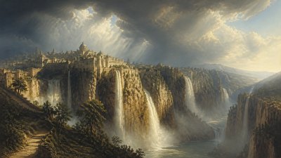 a cliffside city with waterfalls cascading into a misty canyon, wide establishing shot, no people, no text
