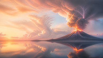 an erupting volcano with lightning strikes, dramatic wide composition, no text