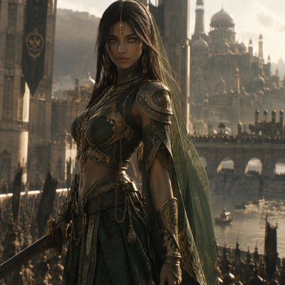 Je veux que tu me fasses une hyper realiste guerriere, tres modern avec une armure moderne genre full vert foncé or sombre et voile en soie transparent mais juste un peu si besoin mais elle une armure, le voile c’est juste histoire de rajouter du tissu et des cheveux lisse et brun et elle a des yeux vert brillant, on dirait presque une deesse de l’inde ancien avec l’ethnie 