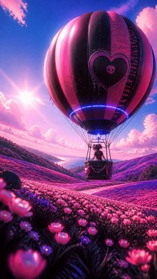 a hot air balloon drifting over rolling flower fields on a sunny day, cheerful, no text