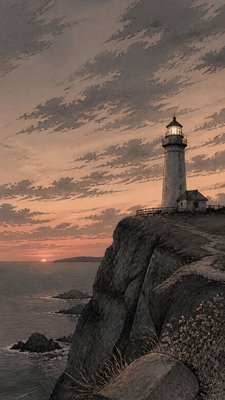 a lone lighthouse on a cliff at dusk under a dramatic sky, no text or lettering