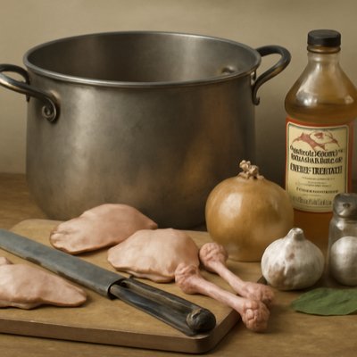 A large stew pot, a cutting board a knife, chicken bones and cutlets, apple cider vinegar, onion, garlic bulb, bay leaf, salt and pepper 