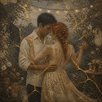 an original couple dancing under string lights in a garden at dusk: a man with short black hair in a linen shirt and a woman with braided red hair in a summer dress