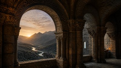 a vast valley with a river winding toward distant mountains at sunrise, no people, no text