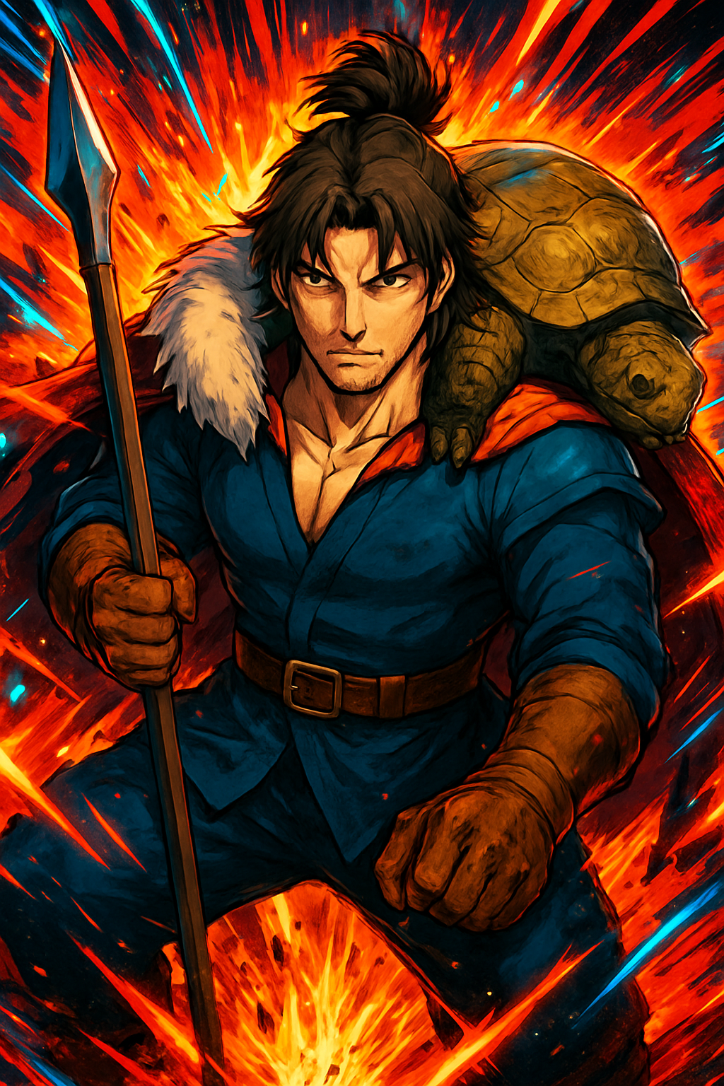 a man sitting on a chair with a turtle on his shoulders