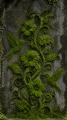 a climbing vine of flowers and hummingbirds on a dark background, tall wrapping composition, no text