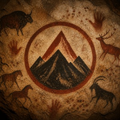 an emblem of a mountain peak inside a circle, simple bold shapes on a plain background, no text or lettering