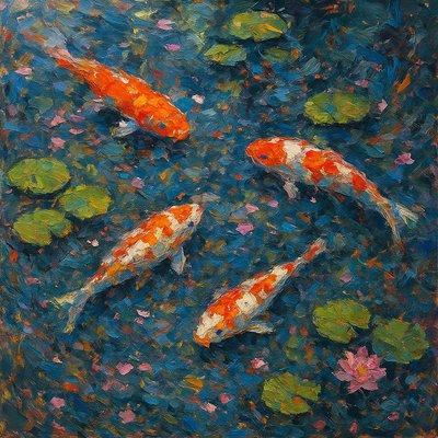 A koi pond seen from above, orange and white koi fish swimming among lily pads, clear water with subtle ripples, fallen cherry blossom petals floating on the surface, dappled sunlight