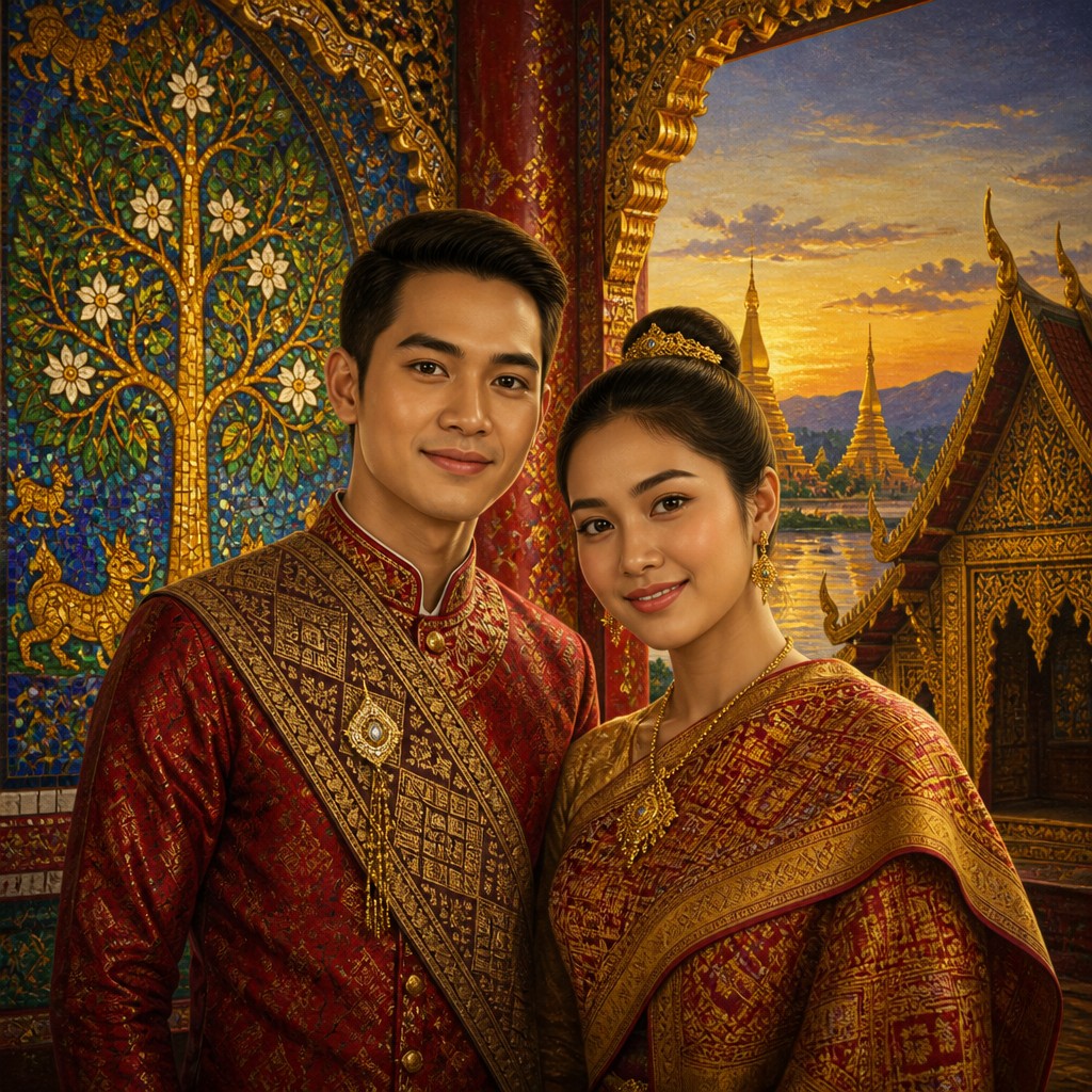 portrait of two people together — Lao Art Style