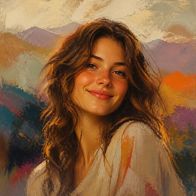 head-and-shoulders portrait of an original character: a young woman with wavy chestnut hair and a warm smile, plain soft backdrop