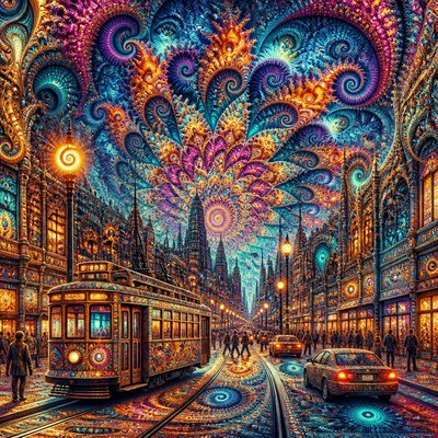 urban street with city activity — Fractal Art Style