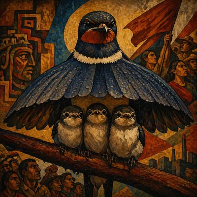 a painting of three birds perched on a branch