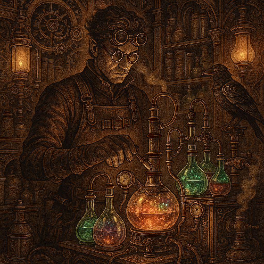 A steampunk alchemist stands in a cluttered workshop illuminated by the warm glow of gas lamps. He wears a leather apron adorned with brass buckles and a pair of intricate goggles perched on his forehead. His gloved hands tinker with a bubbling alembic connected by coiled copper tubes to a maze of glass vials filled with glowing, iridescent liquids. The background is a mix of Victorian elegance and industrial grit--ornate wooden shelves lined with dusty tomes and jars of exotic ingredients, alongside rusted gears and steam-powered contraptions whirring softly. A faint mist of steam rises from a brass furnace, and a mechanical raven with glowing red eyes perches on a nearby stand, observing the scene with curiosity.