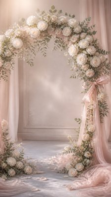 an arch of white roses and eucalyptus in soft morning light, elegant vertical composition with open space, no text