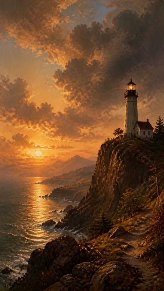 a lone lighthouse on a cliff at dusk under a dramatic sky, no text or lettering