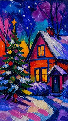 a snow-covered cottage with warm glowing windows beside a decorated pine tree, gentle snowfall, no text