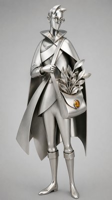 full-body original character: a wandering botanist with a satchel of plants, a patched green cloak, tall boots and round glasses, neutral background