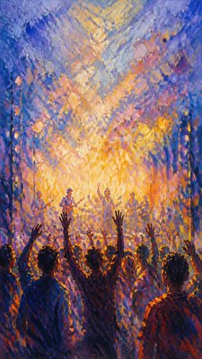 a live music scene with a glowing stage and silhouetted crowd, energetic vertical composition with open space at the top, no text