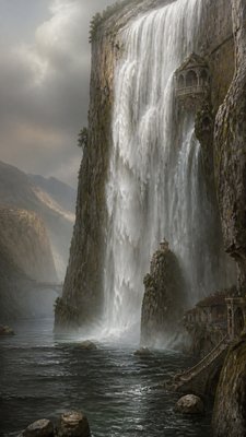 towering waterfall cascading down a cliff