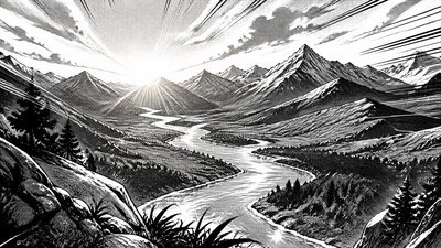 a vast valley with a river winding toward distant mountains at sunrise, no people, no text