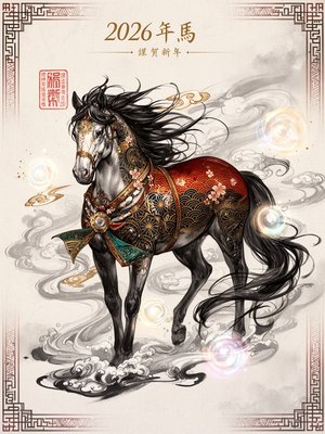 Masterpiece of Japanese fantasy illustration, ultra-detailed, refined high-end aesthetic, majestic horse as a Shōgatsu New Year symbol, complete and graceful form, body adorned with intricate traditional Japanese motifs inspired by kimono textiles and Edo-period patterns, including seigaiha waves, asanoha geometry, and subtle sakura accents, delicate gold leaf and fine metallic ink tracing contours, ultra-fine linework with hand-inked precision, standing against a minimal washi-paper background in soft ivory with muted crimson and ink-black accents, flowing mane and tail with elegant, elongated motion conveying calm strength and forward momentum, mid-shot, front-facing composition, balanced use of negative space, refined textile-like textures, quiet ceremonial atmosphere, 8K resolution, hyper-detailed yet painterly rendering, museum-quality illustration, subtle gold calligraphy text at top reading “2026 年 馬” with a smaller inscription “謹賀新年”, in the style of Japanese ink illustration blended with contemporary fantasy art, delicate line-art, restrained color palette, timeless and elegant