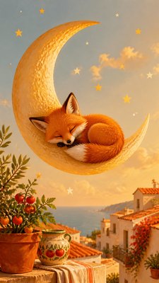 a sleeping baby fox curled on a crescent moon among soft stars, gentle and warm, no text