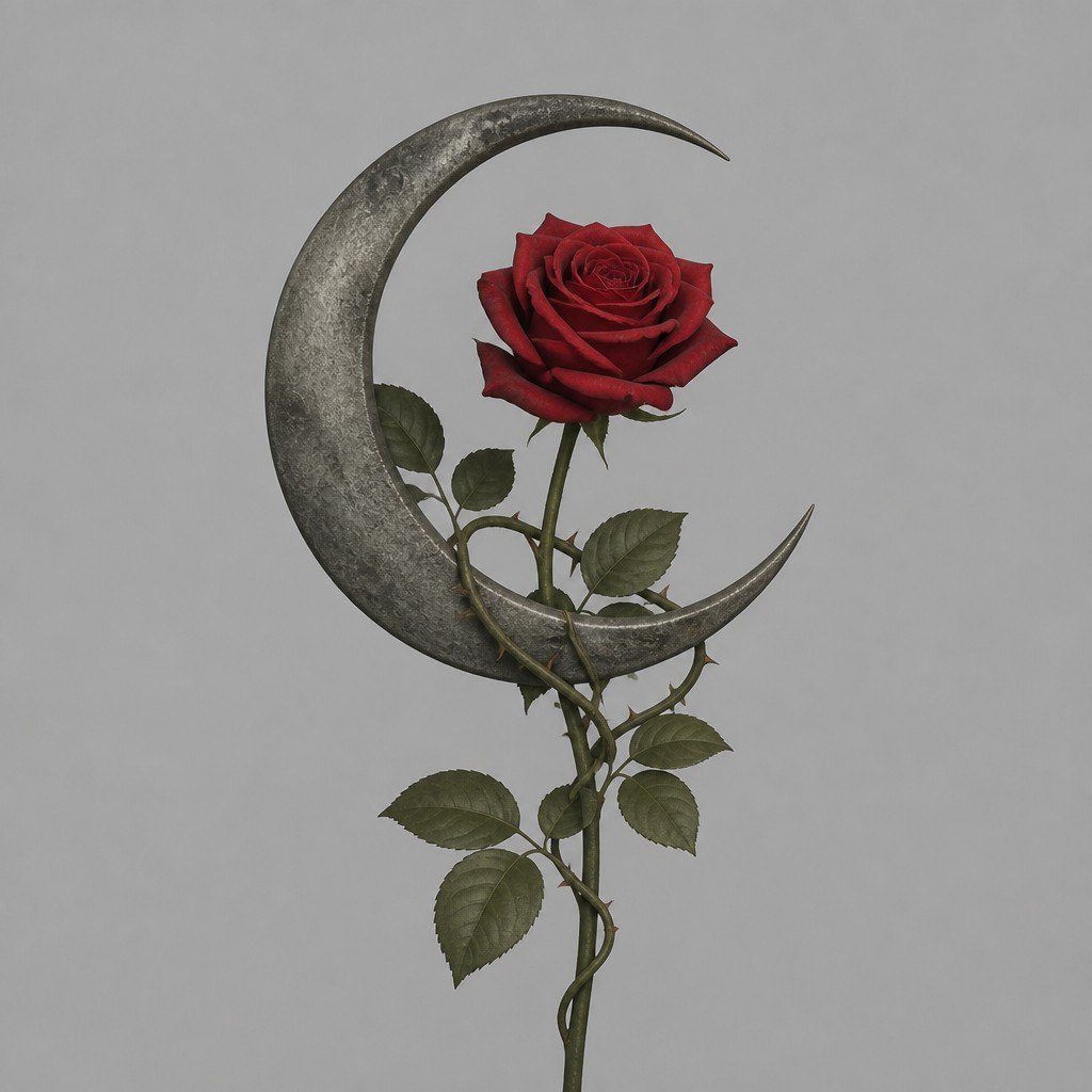 a rose entwined with a crescent moon, clean balanced composition on a plain background, no text