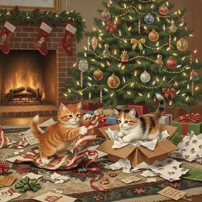 1950s Vintage Illustration Style, Saturday Evening Post Aesthetic, a heartwarming scene under a decorated Christmas tree. Two fluffy kittens, one a ginger tabby and the other a calico, are joyfully playing in a chaotic pile of discarded Christmas wrapping paper, ribbons, and bows. The ginger kitten is tangled in a long piece of shiny red and green paper, batting at a curled ribbon. The calico kitten is pouncing from inside a torn open cardboard gift box, surrounded by crumpled tissue paper. Torn pieces of colorful wrapping paper (gold foil, snowman patterns, stripes) and empty gift tags are scattered everywhere on a plush rug. The Christmas tree above them is glowing with warm fairy lights and decorated with traditional ornaments. The background is a cozy living room with a fireplace. 